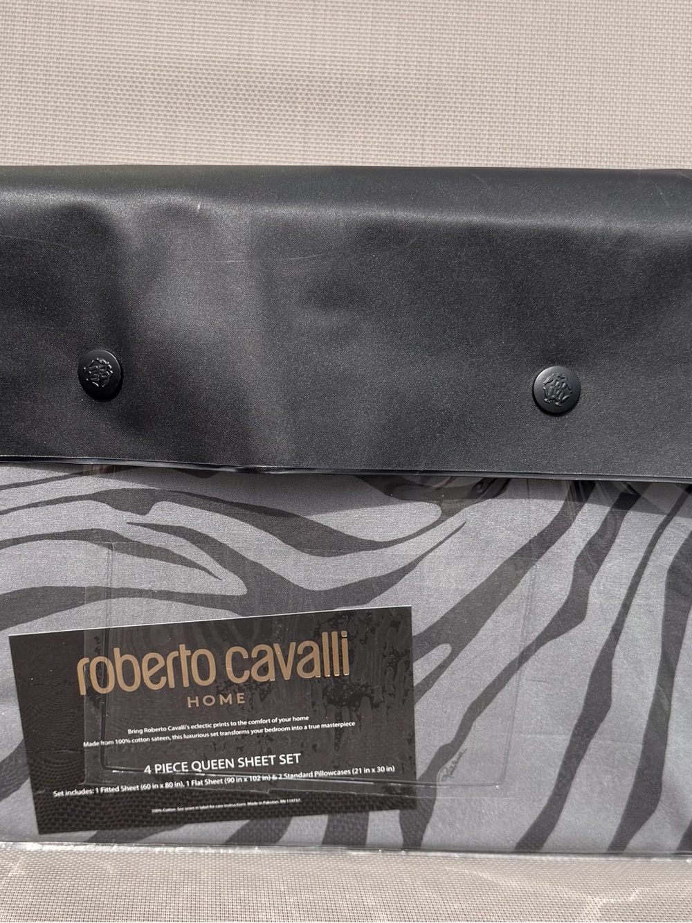 Roberto Cavalli Home Queen Sheet Set 4 Piece Black Gray Zebra 100% Cotton NEW